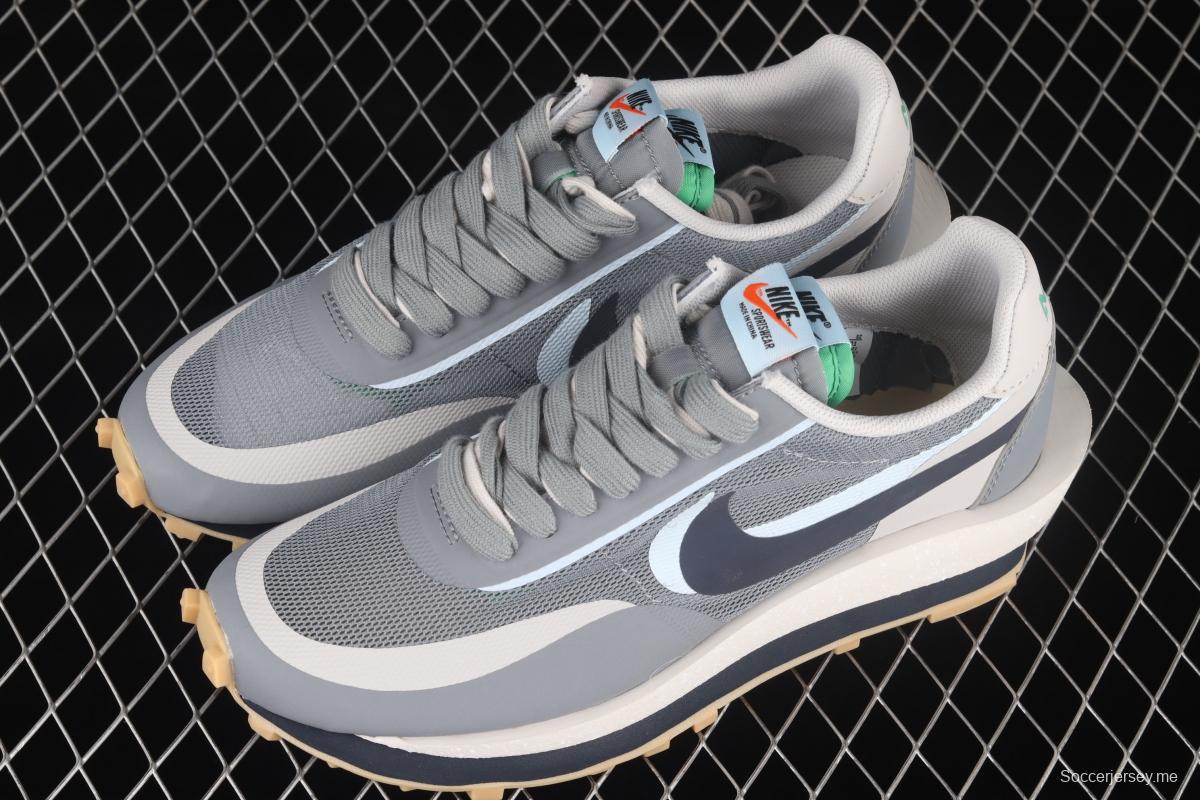 Clot x Sacai x NIKE LDWaffle Cool Grey gray and blue deconstruction tripartite joint name waffle double hook catwalk style casual shoes DH3114-001