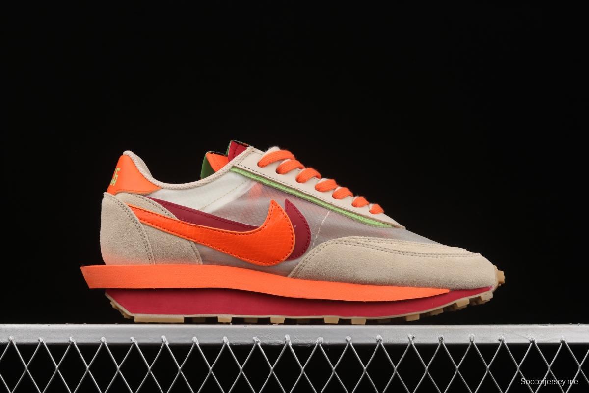 CLOT x Sacai x NIKE LDWaffle Net Orange Blaze joint overlapping design avant-garde waffle deformation rice orange color match casual jogging shoes DH1347-100