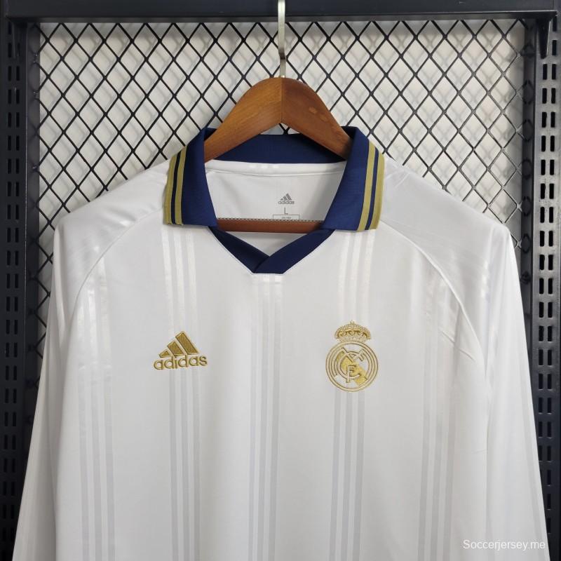 قميص تدريب ريترو بأكمام طويلة 2019-20 ريال مدريد أبيض اللون أبيض
