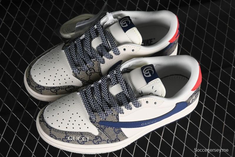 Nike Travis Scott x Fragment Design x Air Jordan 1 Low OG SP AJ1 Gucci Collaboration - Silver Logo Blue Swoosh Low Top Casual Sneakers - XY2688-118