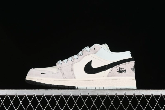 Nike Air Jordan 1 Low Stussy Collaboration - Black Blue Pigment Patchwork Retro Basketball Shoes - LJ6688-008