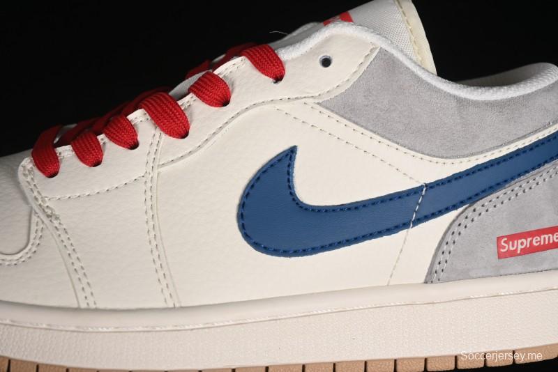 Nike Air Jordan 1 Low Supreme Collaboration - Retro Basketball Shoes in Blue and Gum Sole - SJ9950-022
