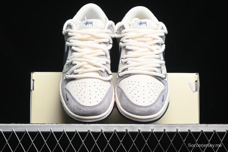 Nike SB Dunk Low Stussy Collaboration - Navy Blue Embroidery Swoosh Anniversary Custom Low-Top Casual Sneakers - SJ2068-296