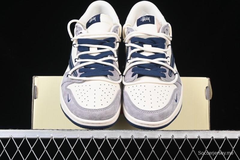 Nike Travis Scott x Fragment Design x Air Jordan 1 Low OG SP AJ1 Stussy Collaboration - Grey Blue Hook Lace Low Top Casual Sneakers - SJ0086-140