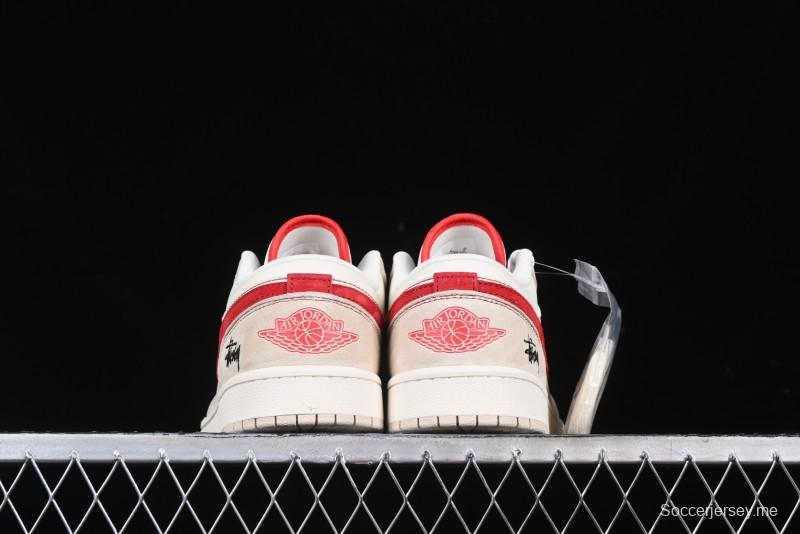 Nike Air Jordan 1 Low Stussy Collaboration Khaki Red Hook Retro Basketball Shoes - SJ9950-040