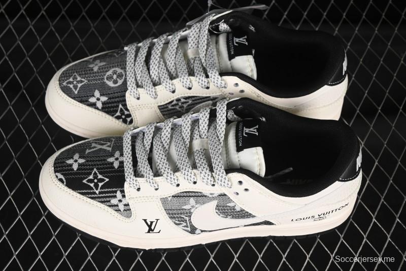 حذاء تزلج نايك SB Dunk Dunk Low LV Collaboration من نايك باللون الأسود والأبيض المنسوج والنسيج الأبيض المنسوج، حذاء تزلج كاجوال منخفض مخصص للذكرى السنوية - FC1688-229