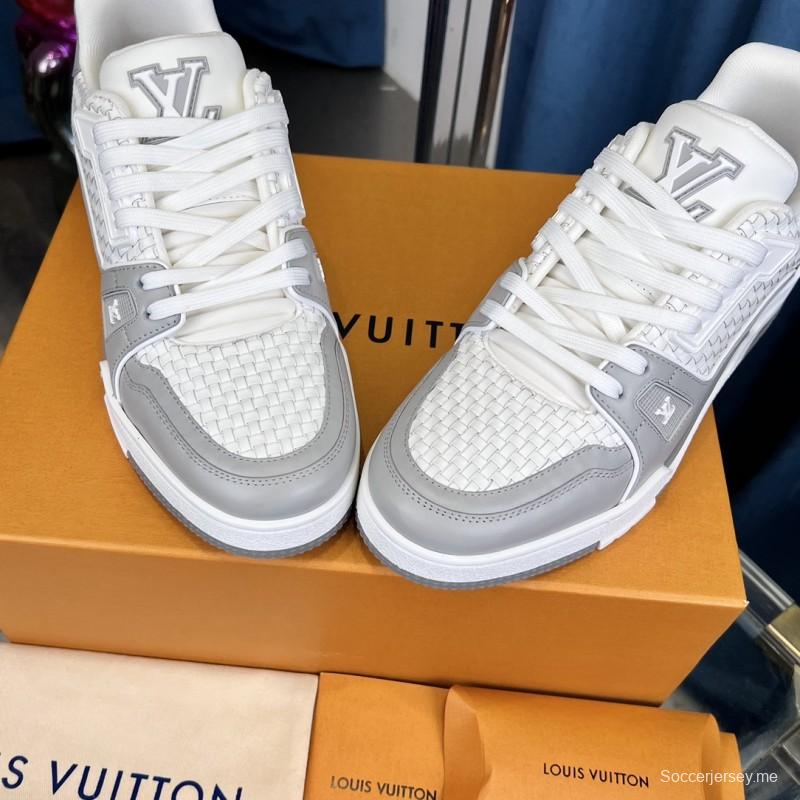 2025 Unisex Louis Vuitton White Grey Leather Fabric LV Trainer