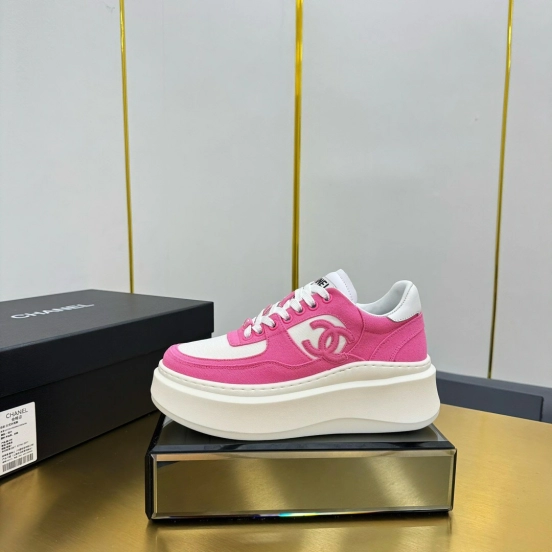 2025 Women Chanel Pink White Leather Canvas Sneakers