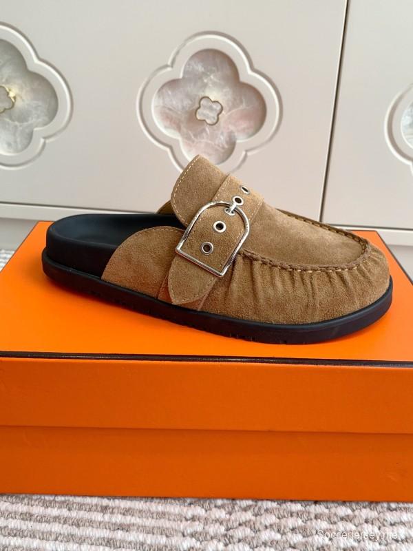 2025 Women Hermès Deep Brown Suede Mule Buckle KFY00290