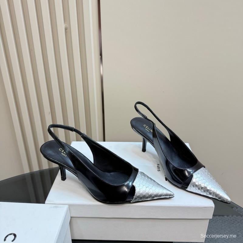 2025 Women CELINE Black White Leather Slingback Heels KFY00310