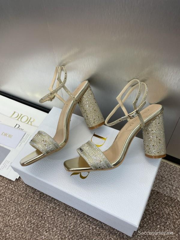 2025 Women Dior Gold Crystal Embellished Leather Sandals KFY00320
