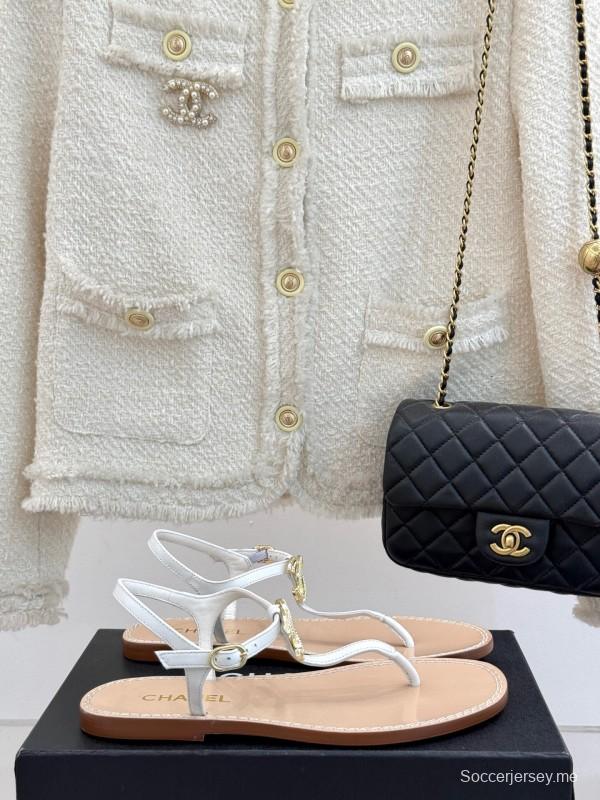 2025 Women Chanel White Leather Sandals KFY00290
