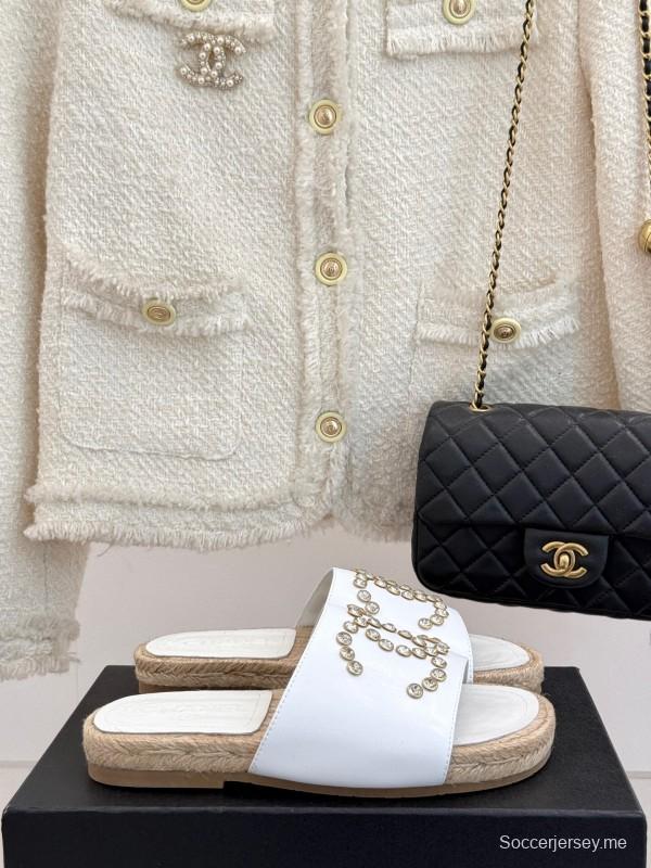 2025 Women Chanel White Leather Slippers Rhinestone KFY00230