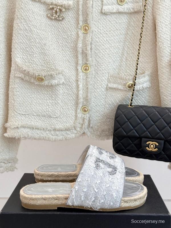 2025/Women Chanel White Lace Espadrille Slides Handmade Craft KFY00240(F)