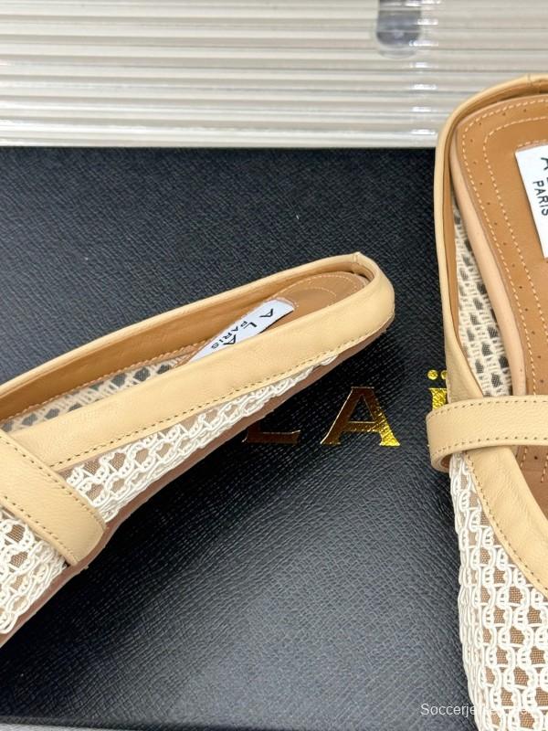2025 Slippers ALALIA Beige Mesh Leather Flat Buckle