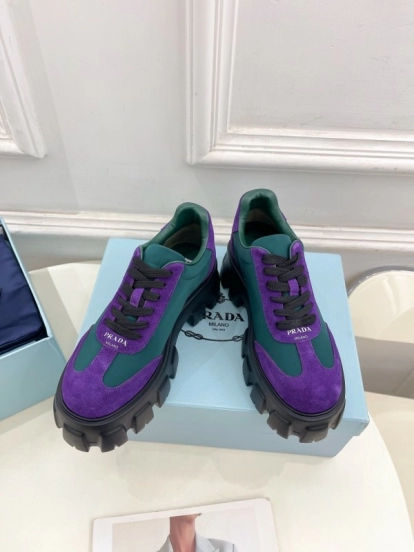 2025 Unisex Prada Purple Green Suede Silk Sneakers KFY00310(F)/KFY00330(M)