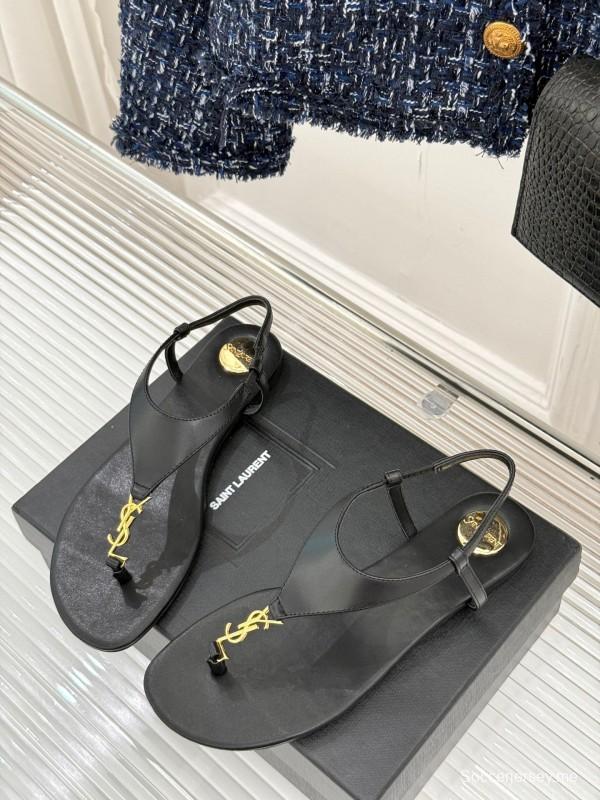2025 Women Yves Saint Laurent Black Leather Sandals KFY00270