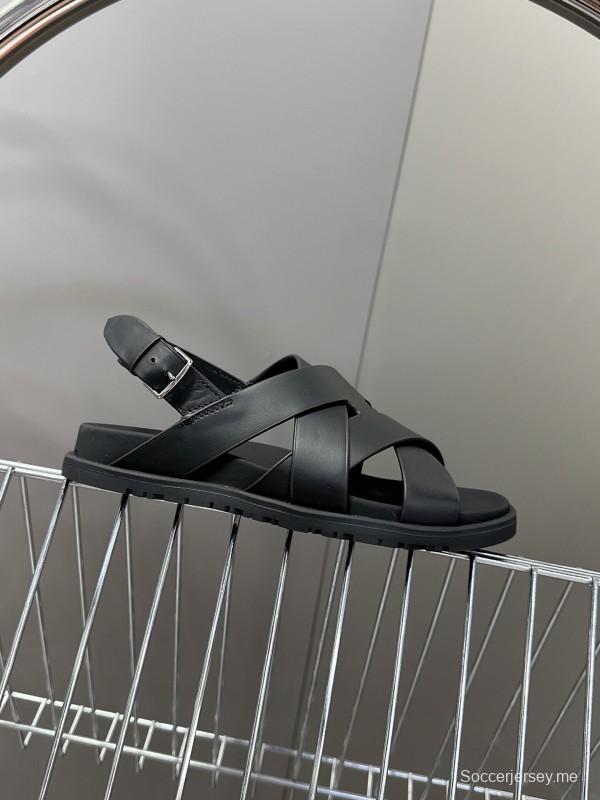 2025 Women Hermès Black Leather Sandals
