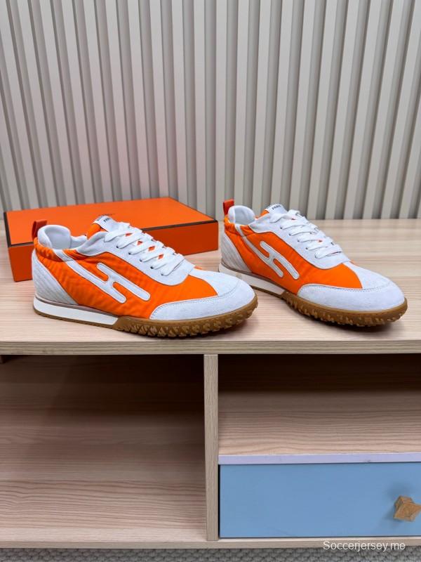 2025 Unisex Hermès Orange White Suede Nylon Sneakers Top Version LY00310