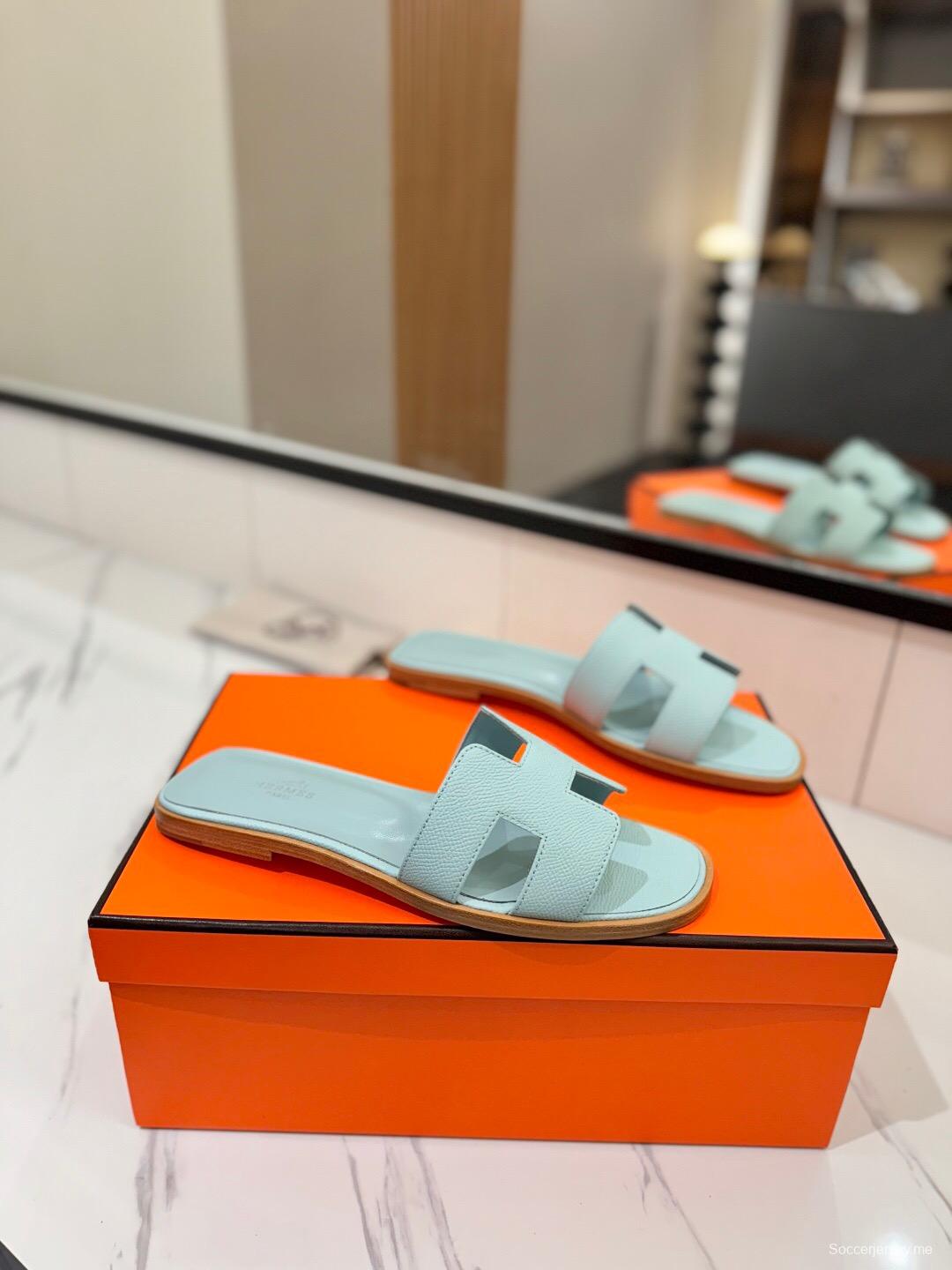 2025 Women Hermès Light Blue Leather Slippers