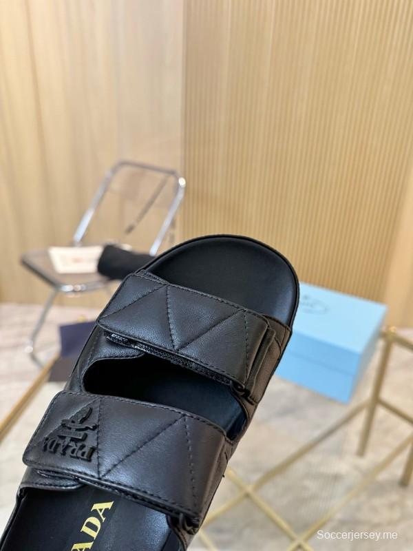 2025 Women Prada Black Leather Slippers