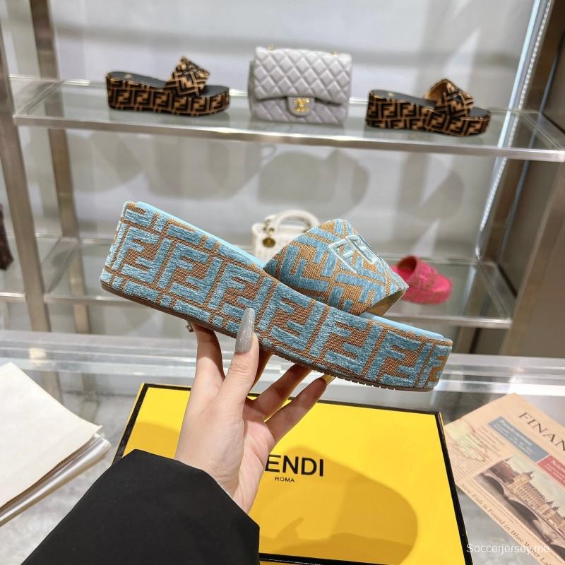 2025 Slippers Fendi Blue Brown Canvas FF Jacquard Platform FJ00321