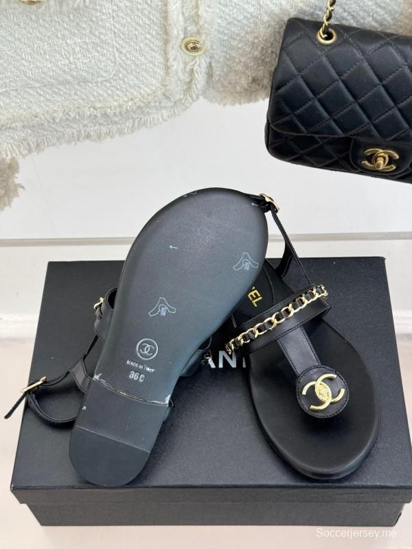 2025 Women Chanel Black Leather Sandals KFY00250