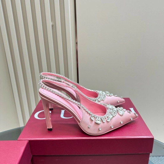 2025 Women Gucci Pink Silk Slingback High Heel Crystal MJ00340