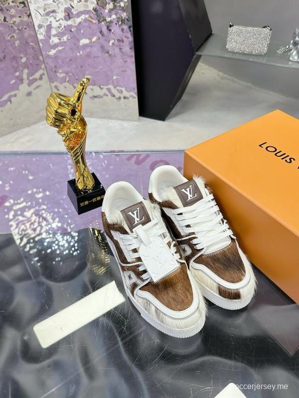 2024 Unisex Louis Vuitton Brown White Leather Calf Hair Plimsolls LV Trainer Maxi MJ00400