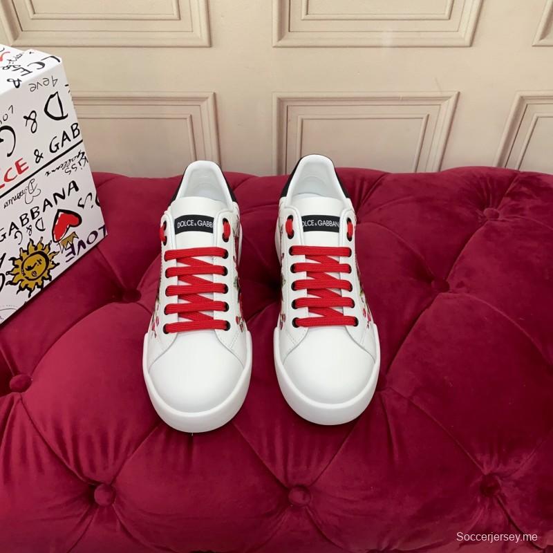 2025 Women Dolce & Gabbana White Red Leather Sneakers Floral LY00300