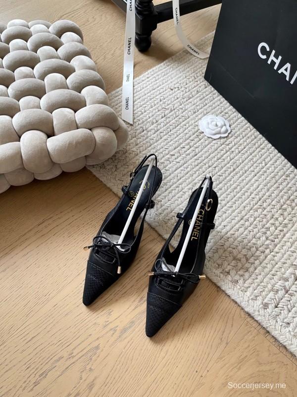 2025 Women Chanel Black Leather Slingback Bowknot Pumps KFY00320
