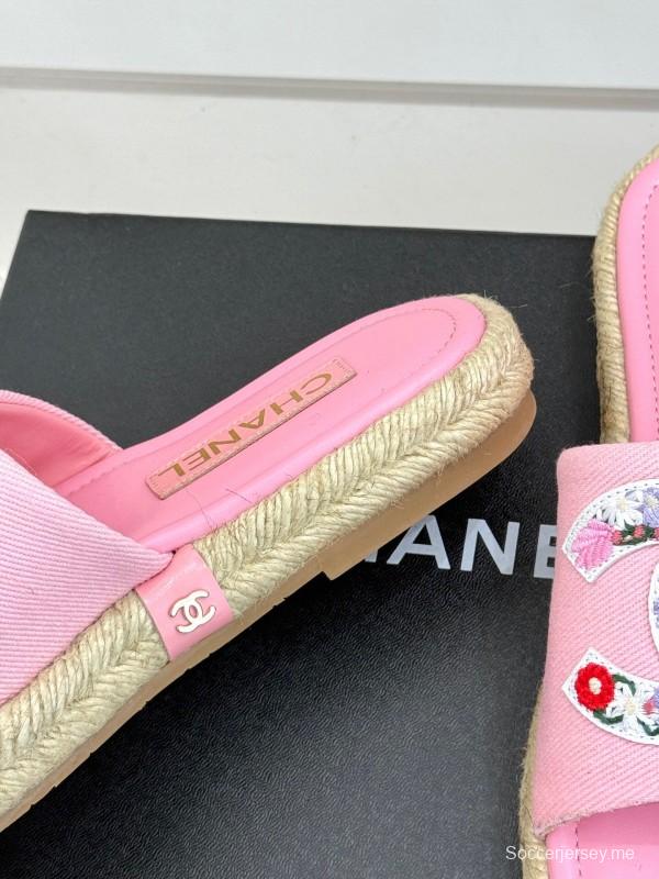 2025 Slippers Chanel Pink Canvas Embroidered KFY00230