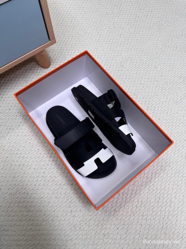 2025 Slippers Hermès Black White Leather Slippers