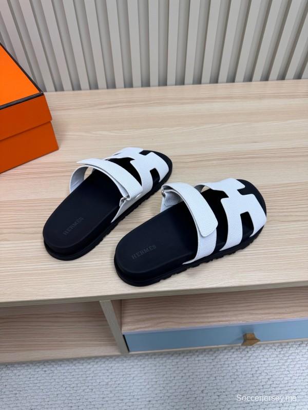 2025 Women Hermès White Black Leather Slippers