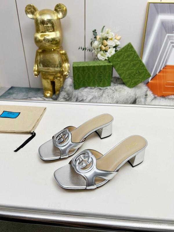 2025 Gucci Silver Leather Slippers MJ00190