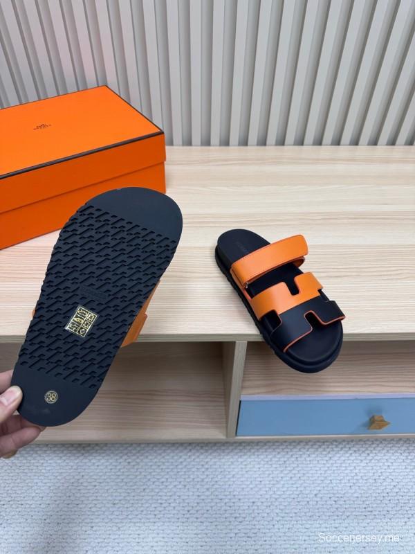 2025 Women Hermès Orange Black Leather Slippers