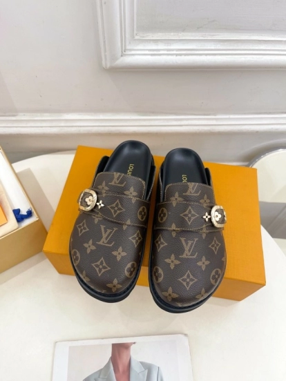 2025 Women Louis Vuitton Brown Leather Slippers Monogram KFY00300