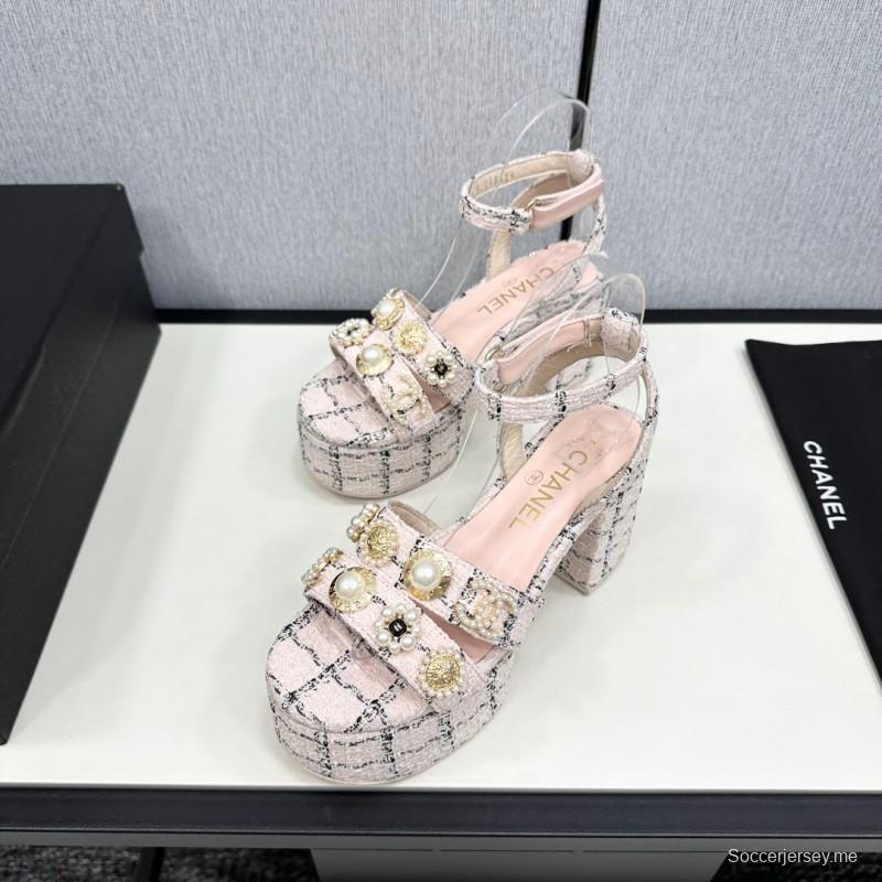 2025 Women Chanel Pink Black Tweed Platform Sandals