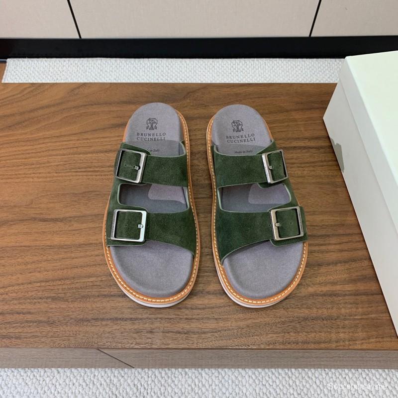 2025 Unisex Brunello Cucinelli Green Suede Leather Slippers KFY00250