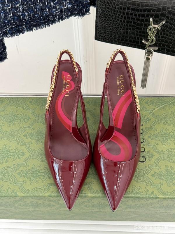 2025 Women Gucci Burgundy Patent Leather Slingback Chain High Heel KFY00300