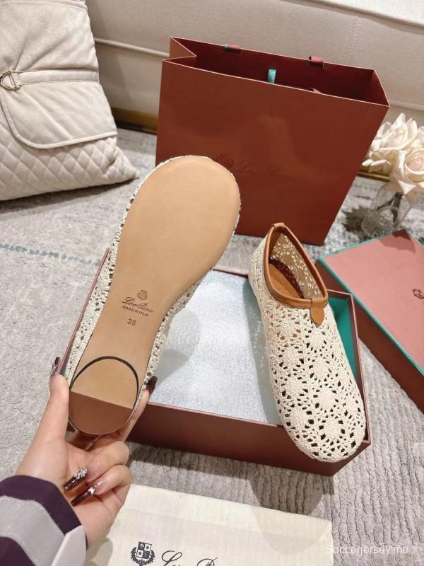 2025 Women LP Beige Brown Leather Crochet Ballet Flats
