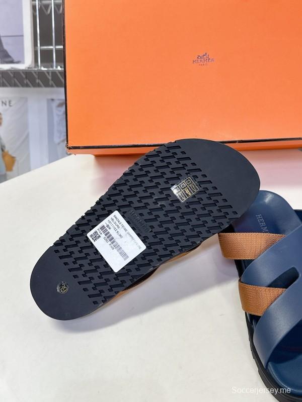 2025 Slippers Hermès Blue Brown Leather Slippers