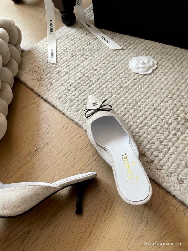 2025 Women Chanel Beige Fabric Pointed Toe Mules KFY00290