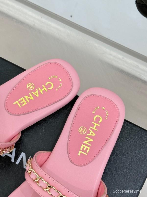2025 Women Chanel Pink Lambskin Chain Toe Ring Sandals