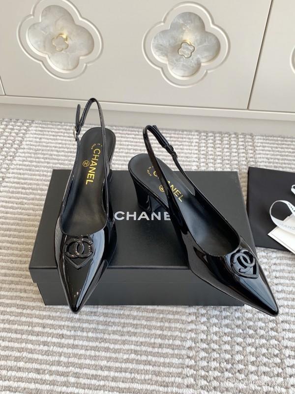 2025 Women Chanel Black Patent Leather Slingback Pumps Heart CC KFY00300