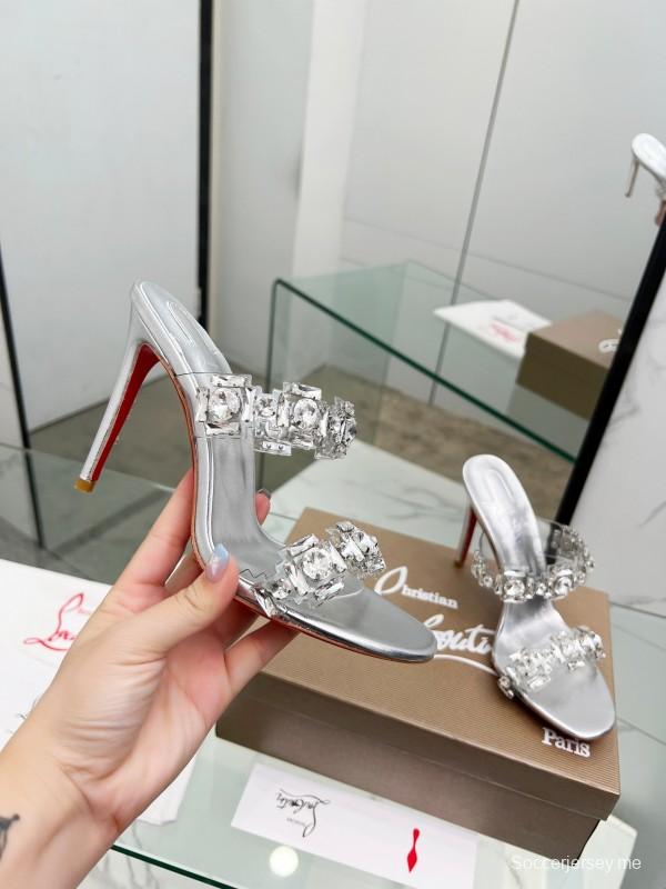 2025 Women Christian Louboutin Silver Leather High Heel Sandals Diamond Decoration LY00300