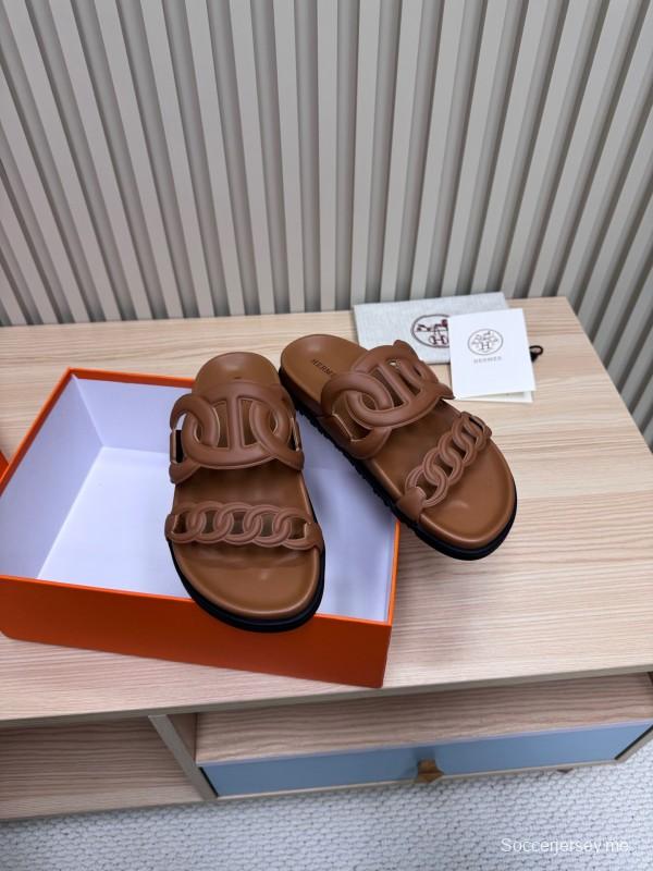 2025 Women Hermès Brown Leather Slippers KFY00260