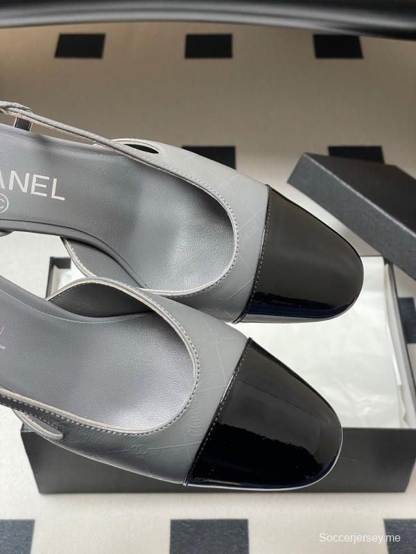 2025 Women Chanel Grey Black Leather Sling-back Heel