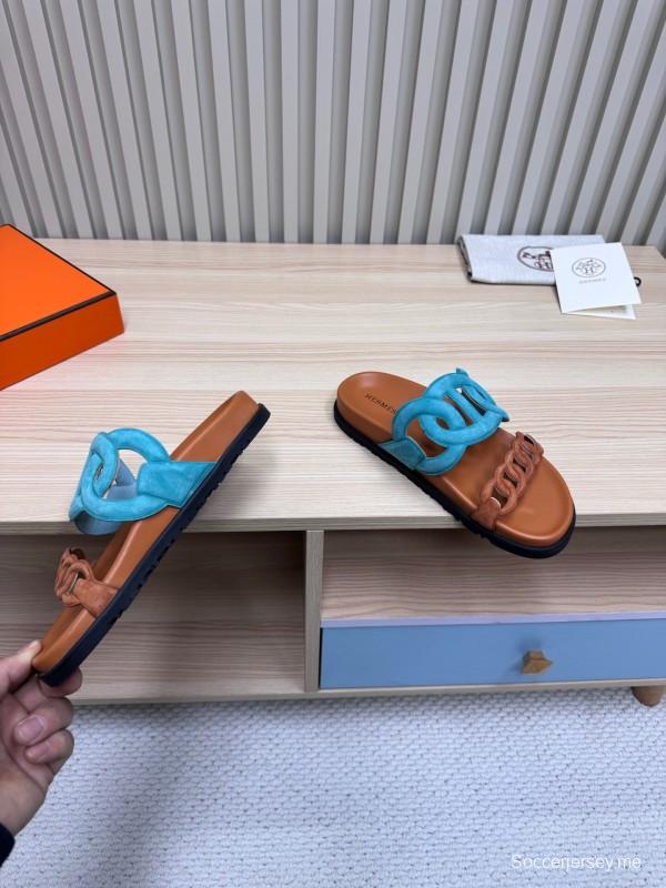 2025 Slippers Hermès Blue Brown Leather Slippers