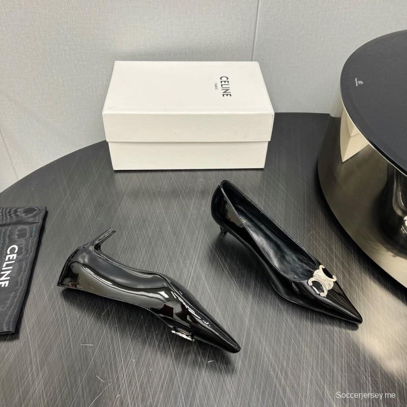 2025 Women Celine Black Patent Leather Pointed Toe Buckle Pumps KFY00290